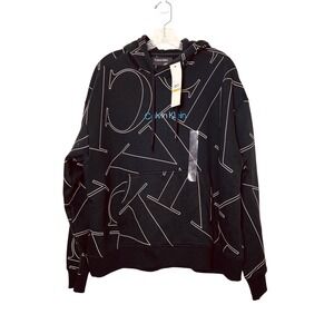 NWT Calvin Klein Black Hoodie Size Small All over Logo Print